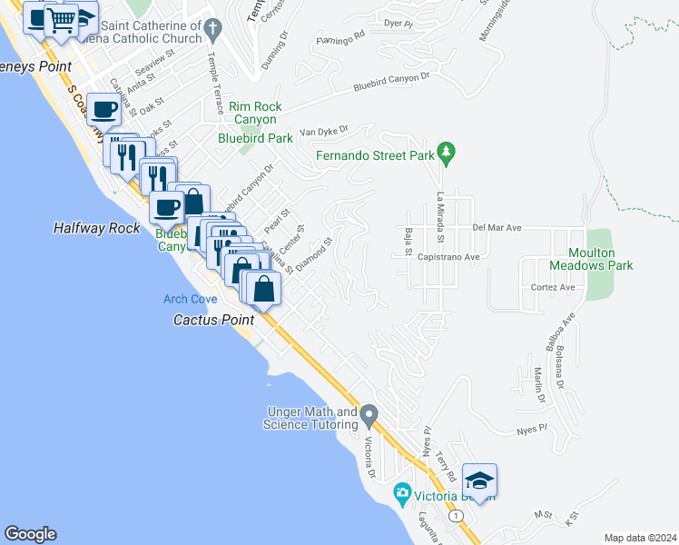 map of restaurants, bars, coffee shops, grocery stores, and more near 2163 Crestview Drive in Laguna Beach