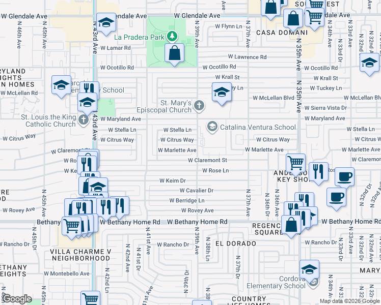 map of restaurants, bars, coffee shops, grocery stores, and more near 3901 West Citrus Way in Phoenix