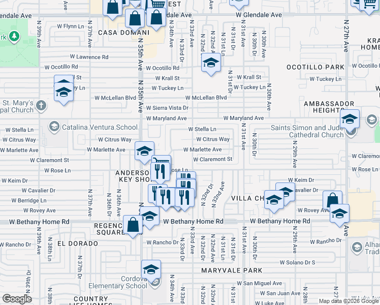 map of restaurants, bars, coffee shops, grocery stores, and more near 3243 West Citrus Way in Phoenix