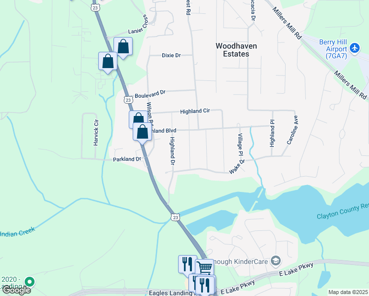 map of restaurants, bars, coffee shops, grocery stores, and more near 40 Woodland Drive in Stockbridge