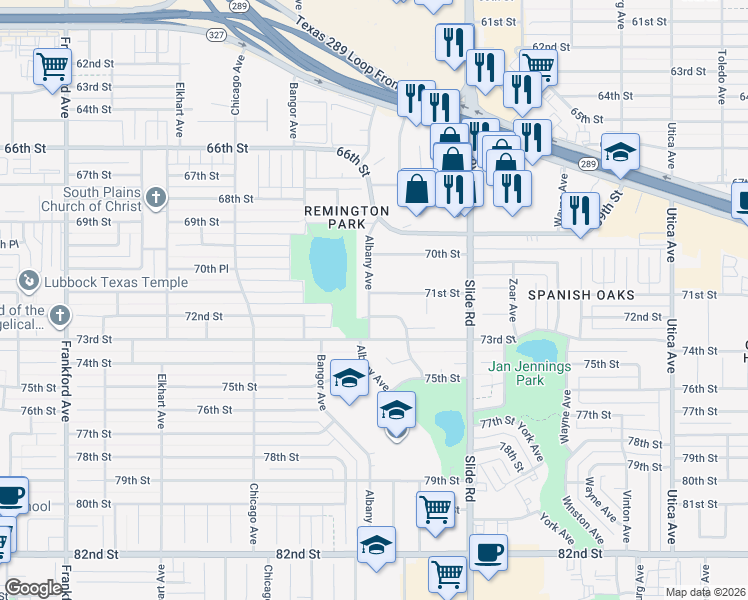 map of restaurants, bars, coffee shops, grocery stores, and more near 7009 Albany Avenue in Lubbock