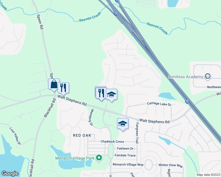 map of restaurants, bars, coffee shops, grocery stores, and more near 308 Borgette Court in Stockbridge