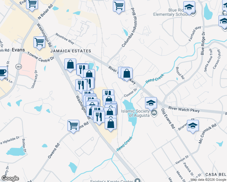 map of restaurants, bars, coffee shops, grocery stores, and more near 367 Connor Circle in Evans
