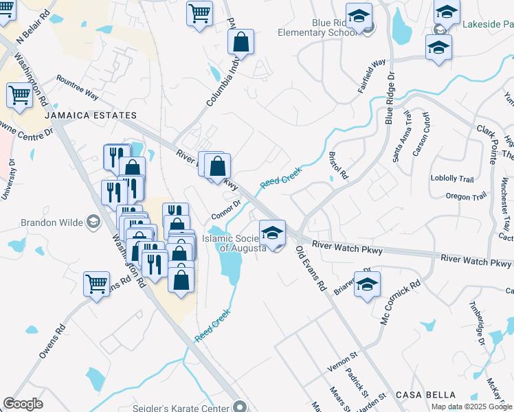 map of restaurants, bars, coffee shops, grocery stores, and more near 4300 River Watch Parkway in Martinez