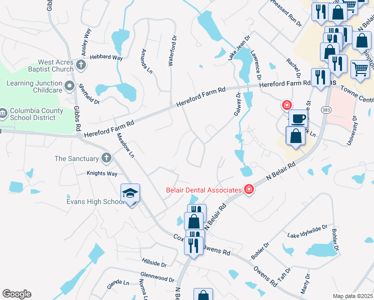 map of restaurants, bars, coffee shops, grocery stores, and more near 405 Connemara Trail in Evans