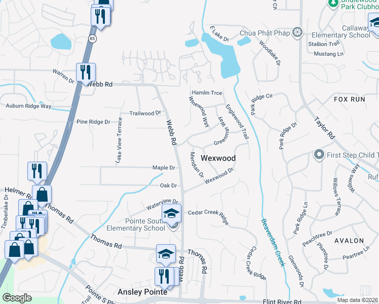 map of restaurants, bars, coffee shops, grocery stores, and more near 8273 Meridian Drive in Riverdale