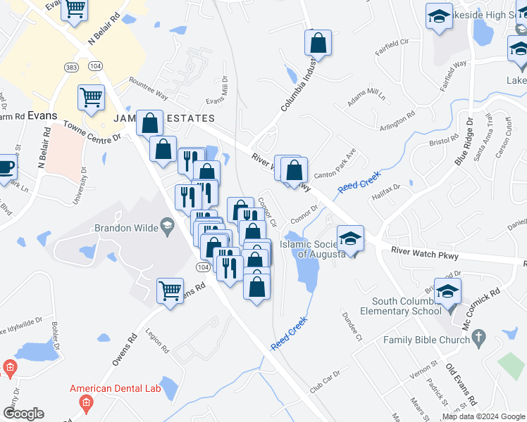 map of restaurants, bars, coffee shops, grocery stores, and more near 367 Connor Circle in Evans