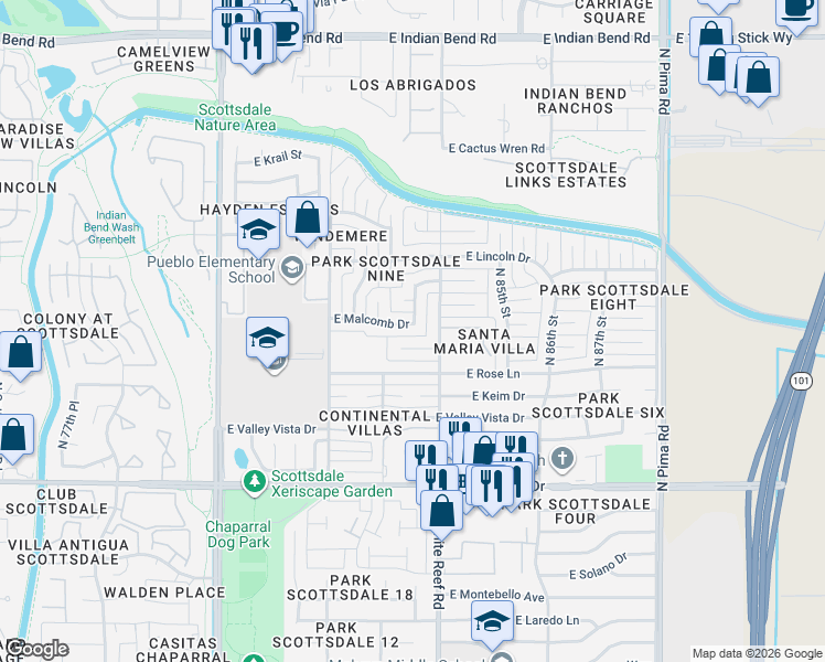 map of restaurants, bars, coffee shops, grocery stores, and more near 8320 East Malcomb Drive in Scottsdale