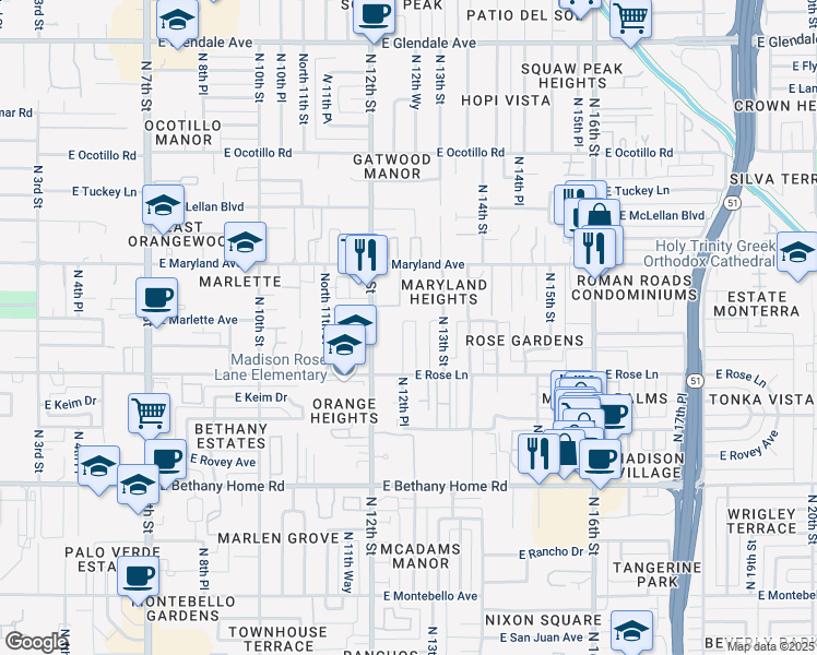 map of restaurants, bars, coffee shops, grocery stores, and more near 1255A East Maryland Avenue in Phoenix