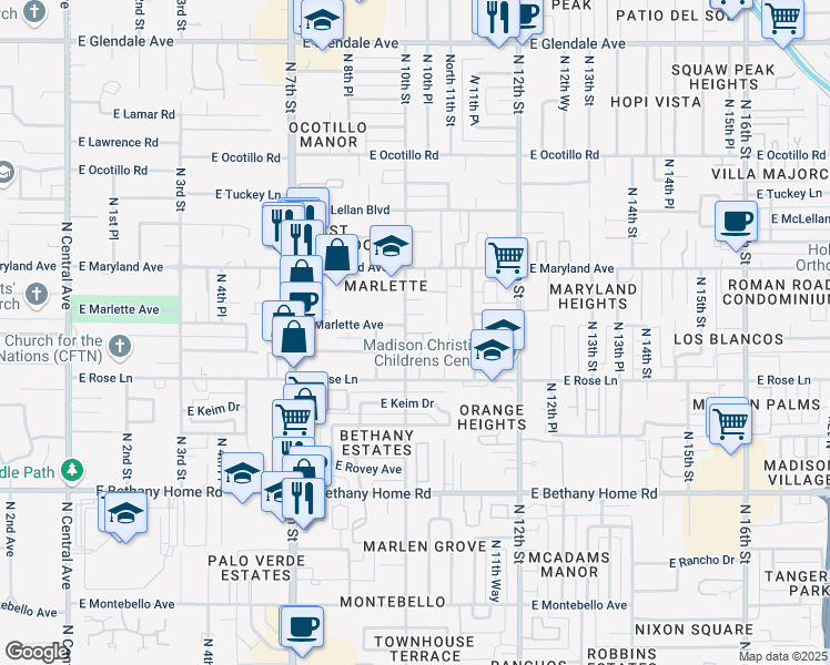 map of restaurants, bars, coffee shops, grocery stores, and more near 1004 East Citrus Way in Phoenix