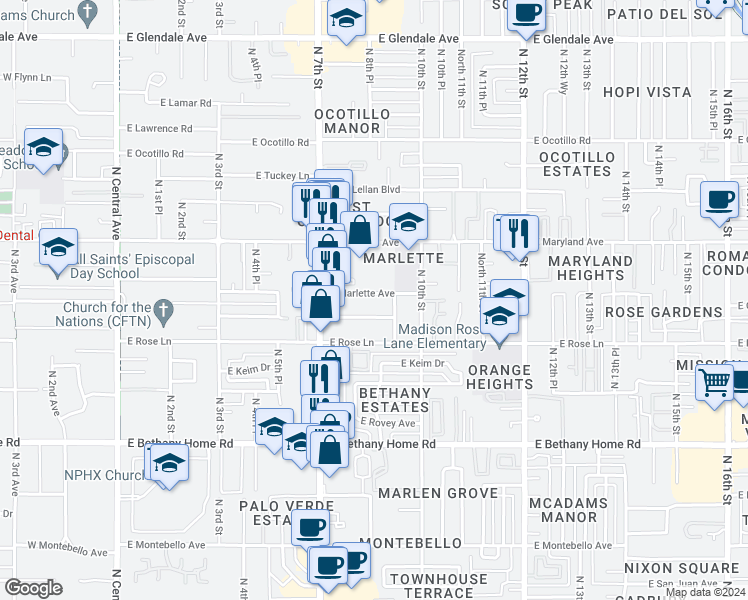 map of restaurants, bars, coffee shops, grocery stores, and more near 910 East Marlette Avenue in Phoenix