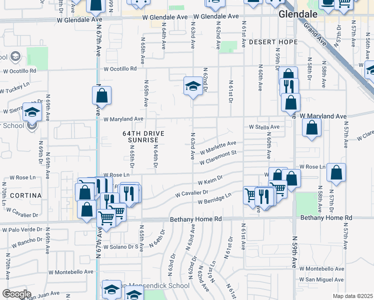 map of restaurants, bars, coffee shops, grocery stores, and more near 6320 North 63rd Avenue in Glendale