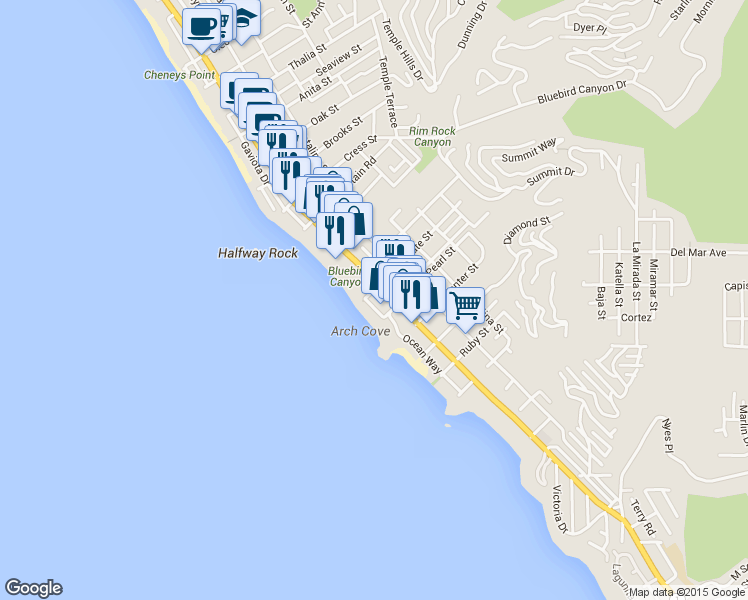 map of restaurants, bars, coffee shops, grocery stores, and more near 1655 South Coast Highway in Laguna Beach