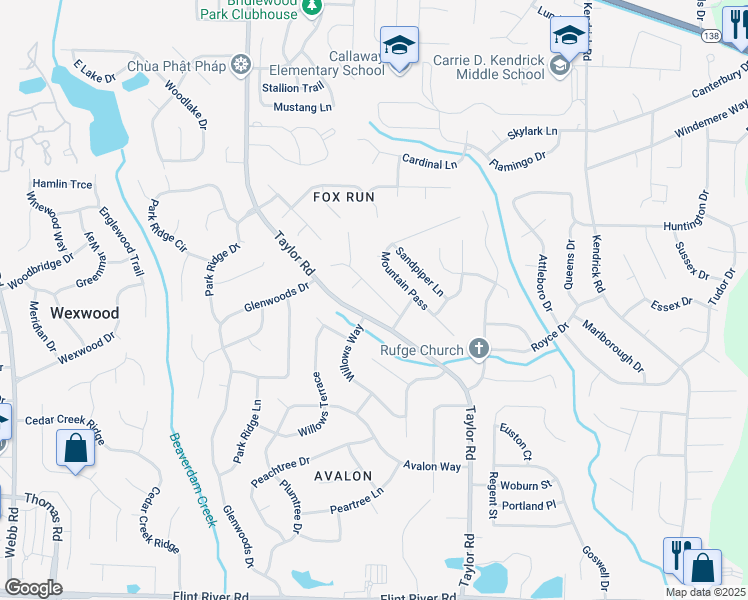 map of restaurants, bars, coffee shops, grocery stores, and more near 8263 Canyon Forge Drive in Riverdale