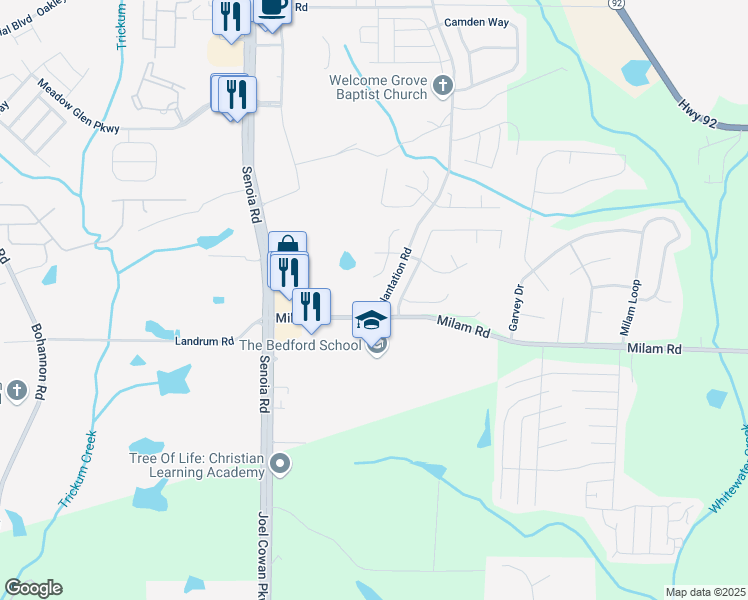map of restaurants, bars, coffee shops, grocery stores, and more near 5575 Milam Road in Fairburn