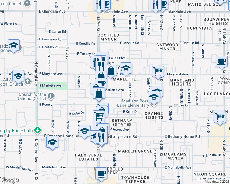 map of restaurants, bars, coffee shops, grocery stores, and more near 825 East Marlette Avenue in Phoenix
