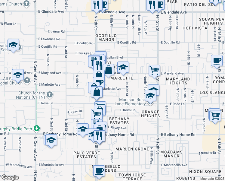map of restaurants, bars, coffee shops, grocery stores, and more near 825 East Marlette Avenue in Phoenix