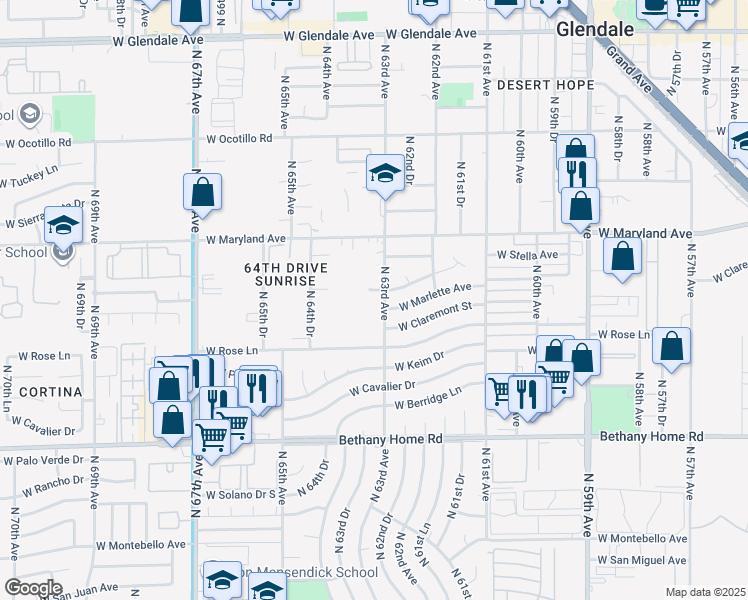 map of restaurants, bars, coffee shops, grocery stores, and more near 6320 North 63rd Avenue in Glendale