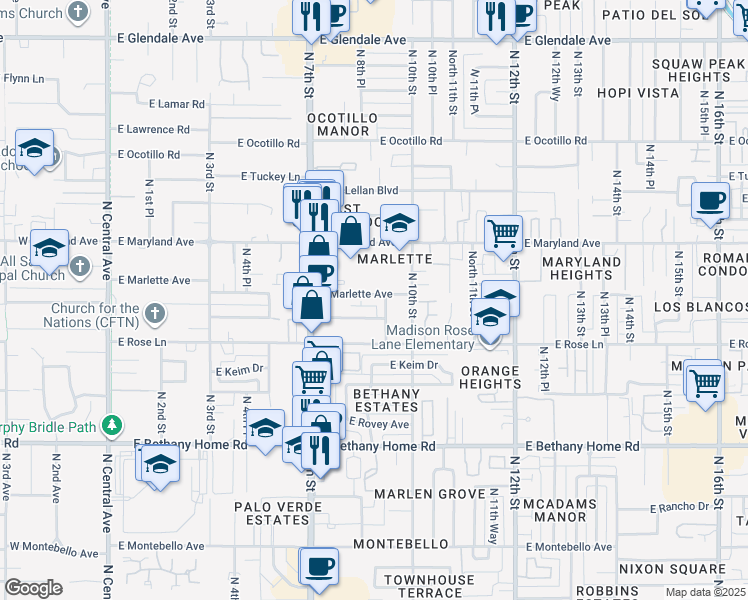 map of restaurants, bars, coffee shops, grocery stores, and more near 910 East Marlette Avenue in Phoenix