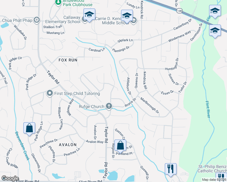 map of restaurants, bars, coffee shops, grocery stores, and more near 8251 Dunellen Lane in Jonesboro