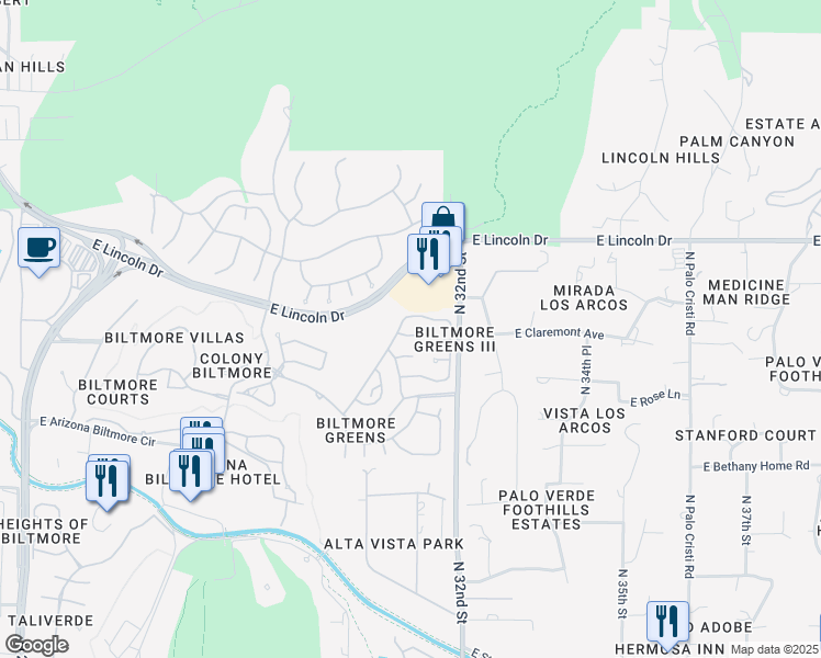 map of restaurants, bars, coffee shops, grocery stores, and more near 3110 East Maryland Avenue in Phoenix