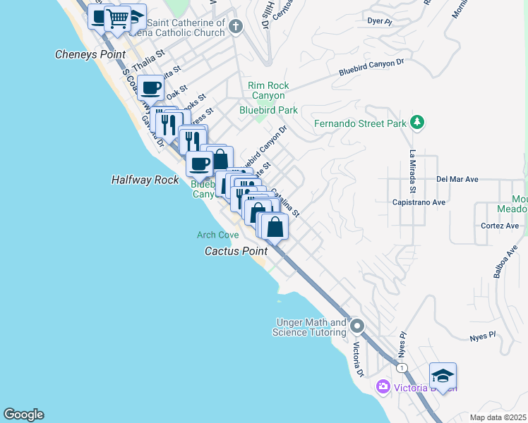 map of restaurants, bars, coffee shops, grocery stores, and more near 1855 Glenneyre Street in Laguna Beach