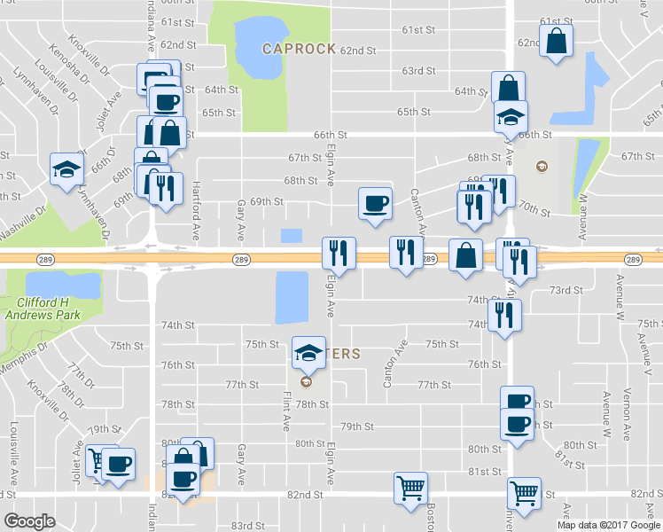 map of restaurants, bars, coffee shops, grocery stores, and more near 7201 Elgin Avenue in Lubbock