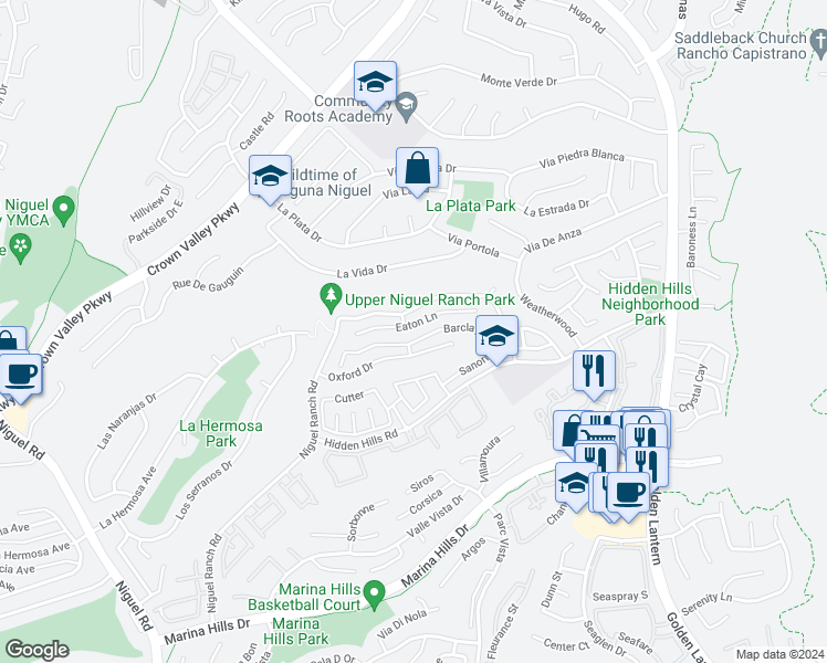 map of restaurants, bars, coffee shops, grocery stores, and more near 24932 Eaton Lane in Laguna Niguel