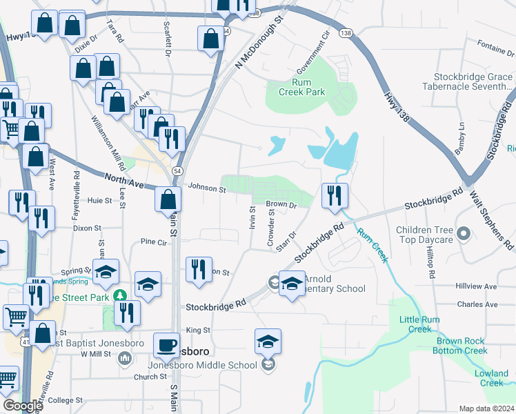 map of restaurants, bars, coffee shops, grocery stores, and more near 126 Irvin Street in Jonesboro