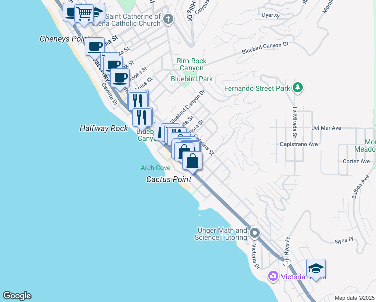 map of restaurants, bars, coffee shops, grocery stores, and more near 363 Pearl Street in Laguna Beach