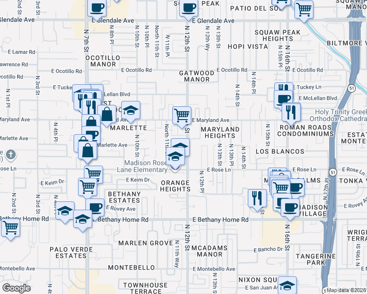 map of restaurants, bars, coffee shops, grocery stores, and more near 6301 North 12th Street in Phoenix