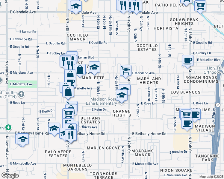 map of restaurants, bars, coffee shops, grocery stores, and more near 6309 North 10th Place in Phoenix