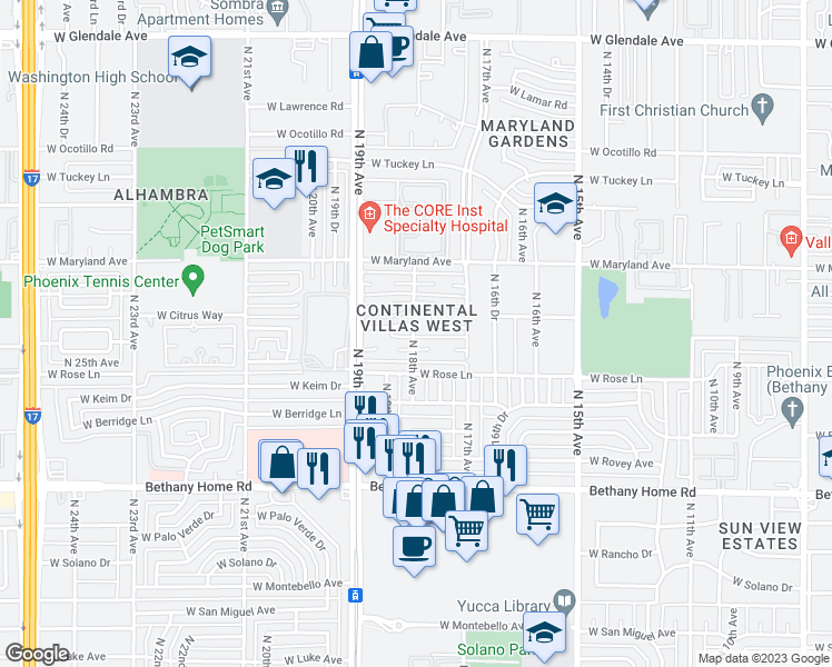 map of restaurants, bars, coffee shops, grocery stores, and more near 1812 West Marlette Avenue in Phoenix