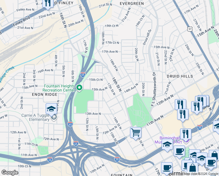 map of restaurants, bars, coffee shops, grocery stores, and more near 1630 15th Avenue North in Birmingham