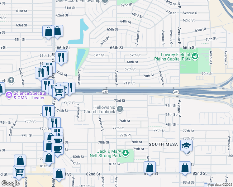 map of restaurants, bars, coffee shops, grocery stores, and more near Avenue U in Lubbock