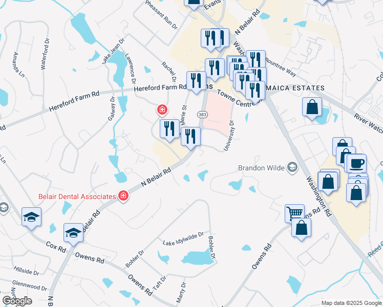 map of restaurants, bars, coffee shops, grocery stores, and more near 565 University Drive in Evans