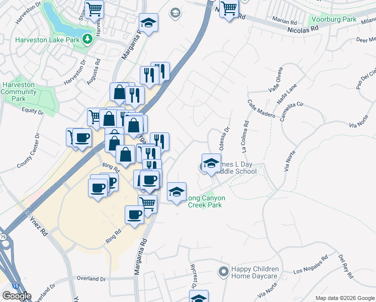 map of restaurants, bars, coffee shops, grocery stores, and more near 40362 Chantemar Way in Temecula