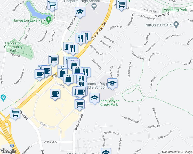 map of restaurants, bars, coffee shops, grocery stores, and more near 27575 Nellie Court in Temecula