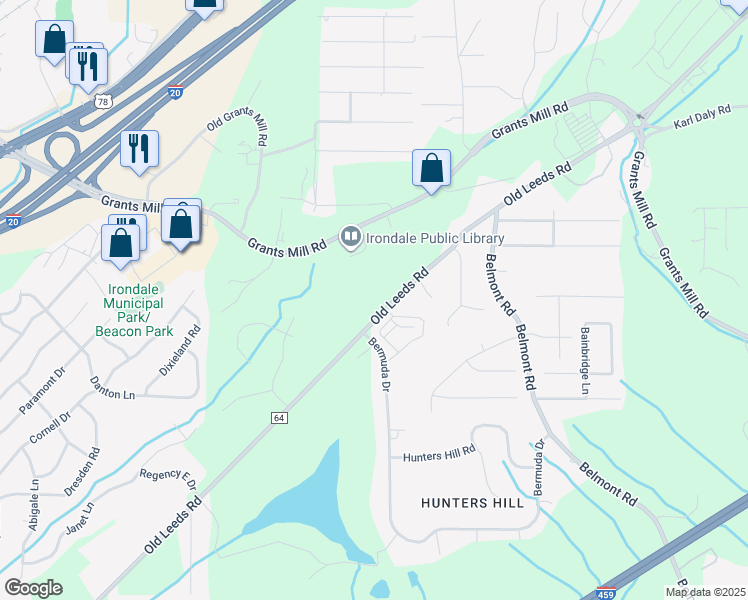 map of restaurants, bars, coffee shops, grocery stores, and more near 5620 Old Leeds Road in Birmingham