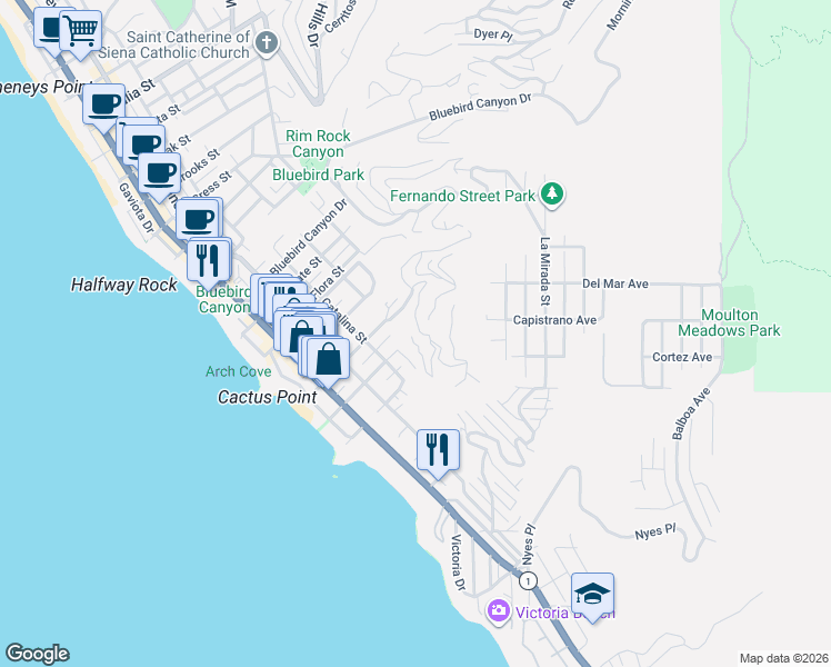 map of restaurants, bars, coffee shops, grocery stores, and more near 2147 Crestview Drive in Laguna Beach