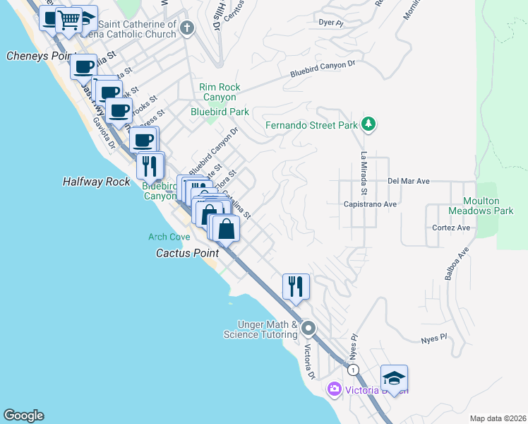 map of restaurants, bars, coffee shops, grocery stores, and more near 545 Diamond Street in Laguna Beach