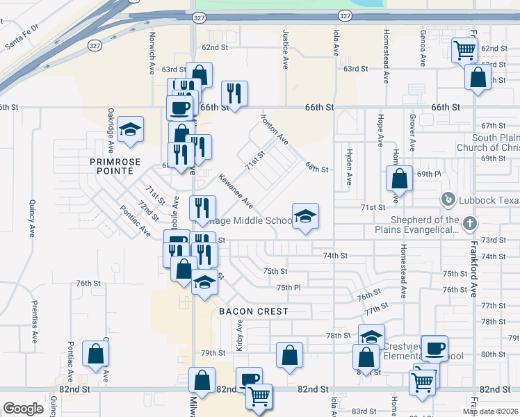 map of restaurants, bars, coffee shops, grocery stores, and more near 7205 Kewanee Avenue in Lubbock