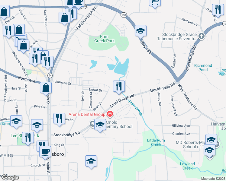 map of restaurants, bars, coffee shops, grocery stores, and more near 226 Starr Drive in Jonesboro