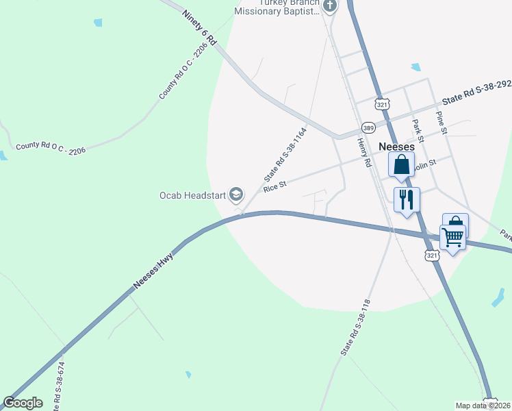 map of restaurants, bars, coffee shops, grocery stores, and more near State Road S-38-1164 in Neeses