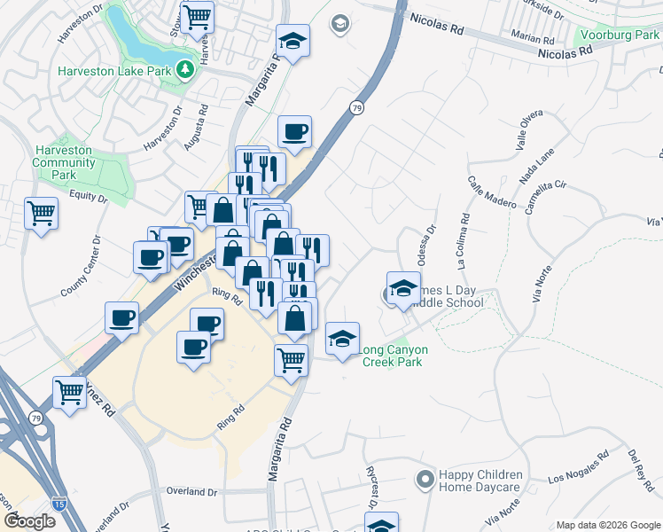 map of restaurants, bars, coffee shops, grocery stores, and more near 27548 Campana Circle in Temecula