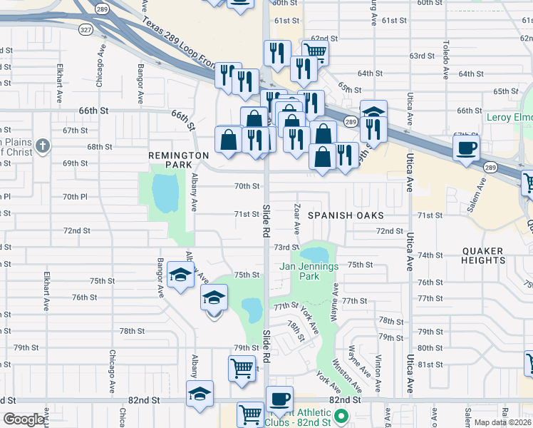 map of restaurants, bars, coffee shops, grocery stores, and more near 7100 Slide Road in Lubbock