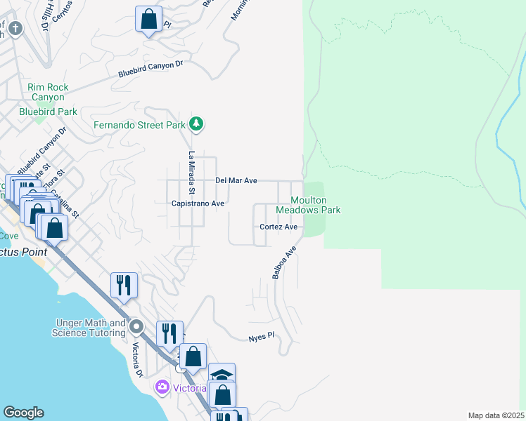map of restaurants, bars, coffee shops, grocery stores, and more near 969 Acapulco Street in Laguna Beach