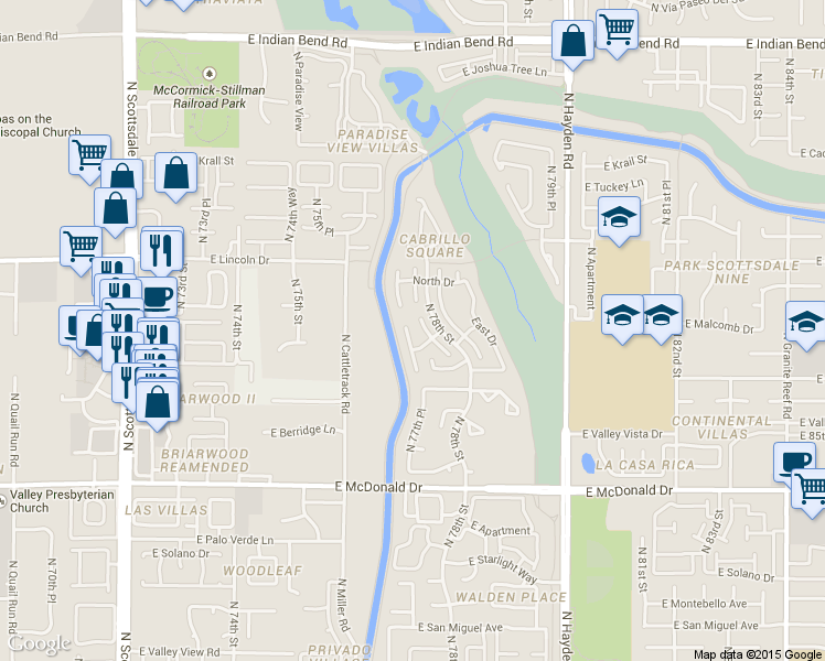 map of restaurants, bars, coffee shops, grocery stores, and more near 6416 North 78th Street in Scottsdale
