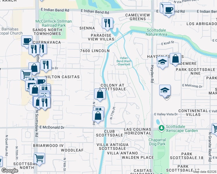 map of restaurants, bars, coffee shops, grocery stores, and more near 6416 North 78th Street in Scottsdale