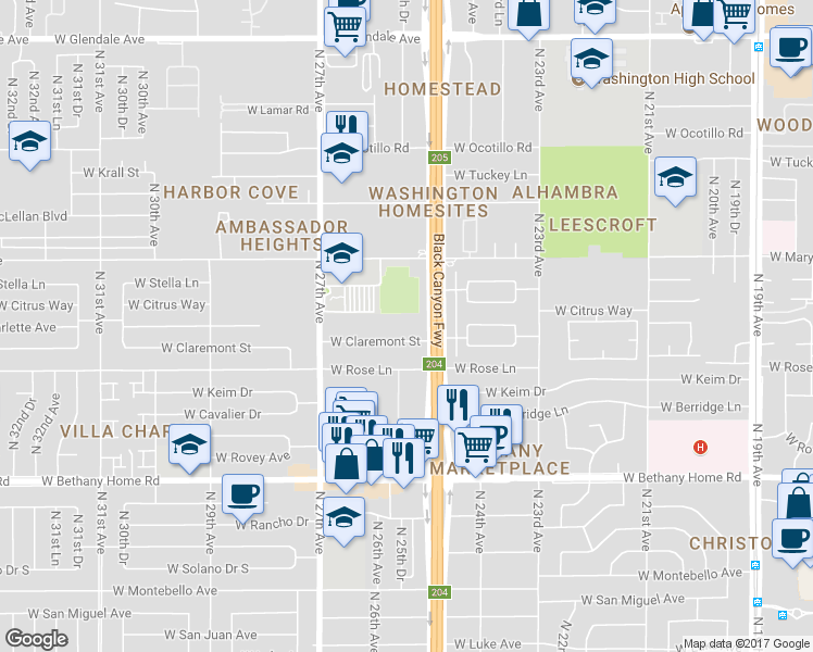 map of restaurants, bars, coffee shops, grocery stores, and more near 6236 North Black Canyon Highway in Phoenix